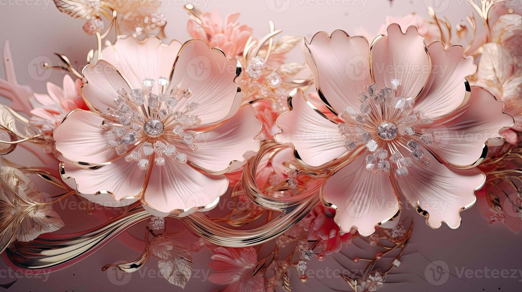 Decoration with flowers in pink and gold colors. Asian and Chinese aesthetics, luxury baroque jewelry decoration. photo