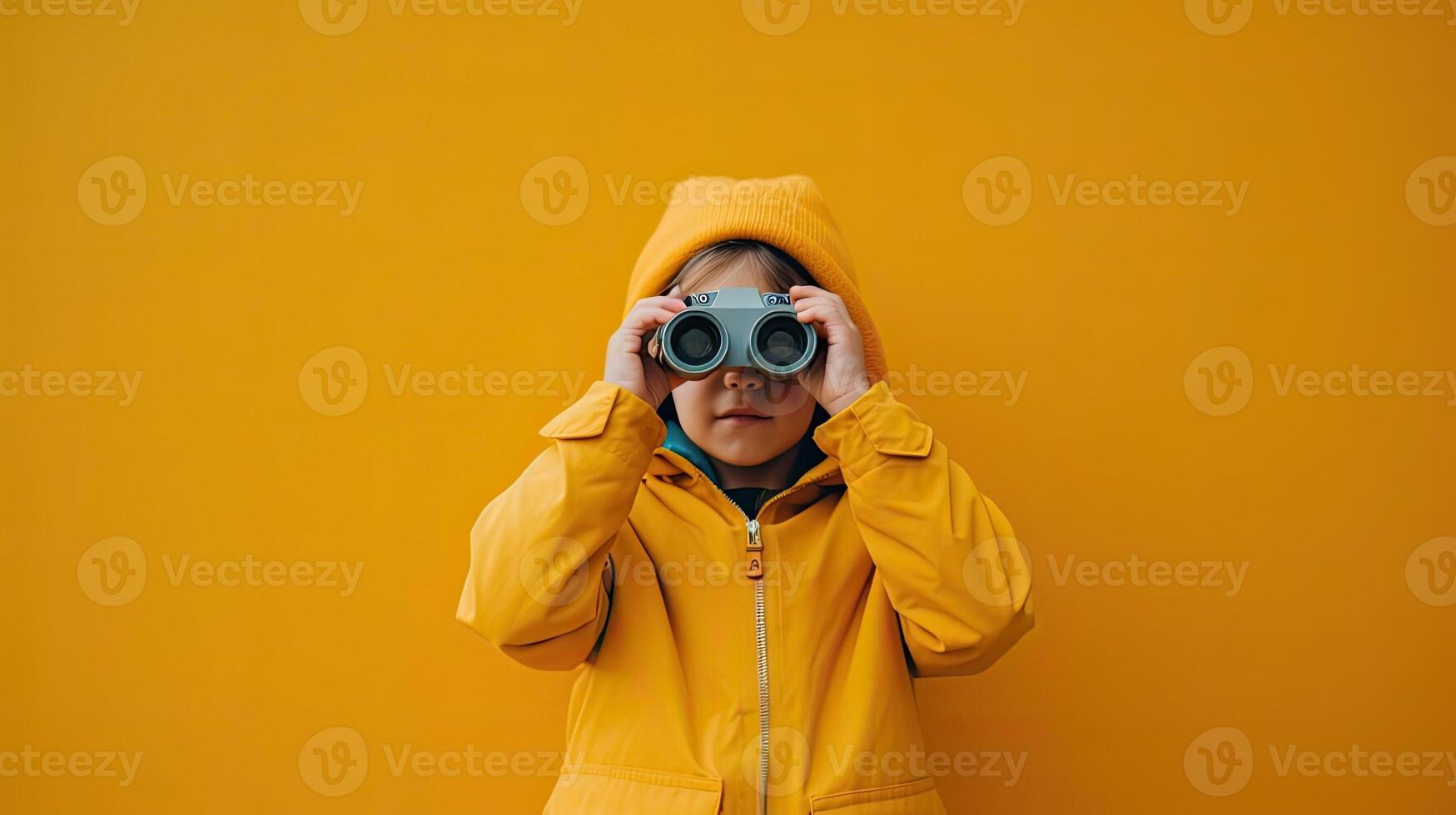 Child with binoculars on clear yellow background. Observer and self-development. Concept of search and selection. photo