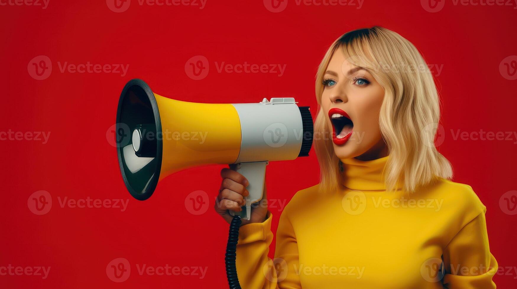 Woman with megaphone. Young girl screams into loudspeaker. Sale and discount in store. Speaker person with audio message or advice. Copy space for template on red background. photo