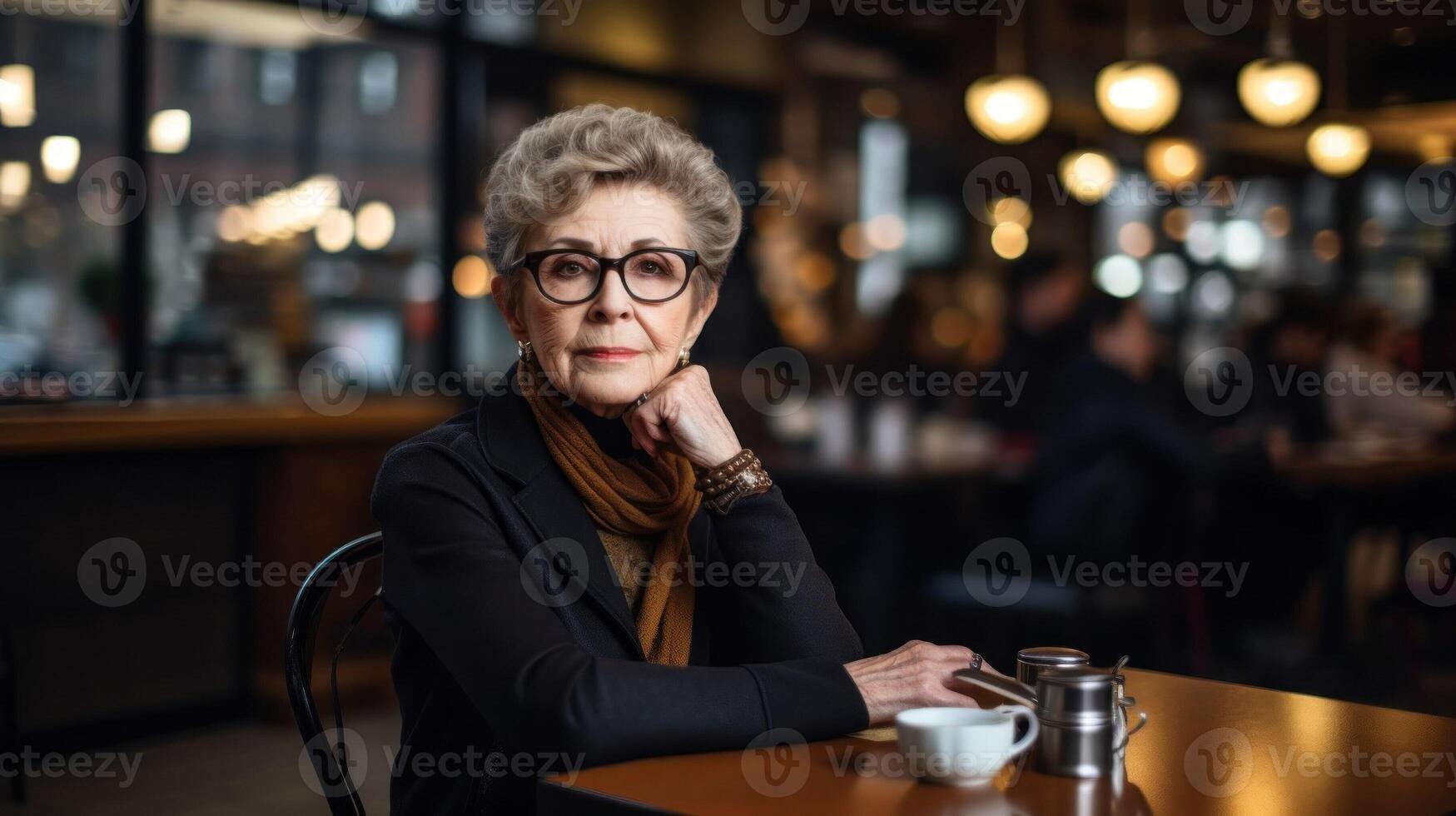 Elderly woman sitting in cafe. Grandmother in evening coffee shop. Older person in restaurant sitting at table by window. photo