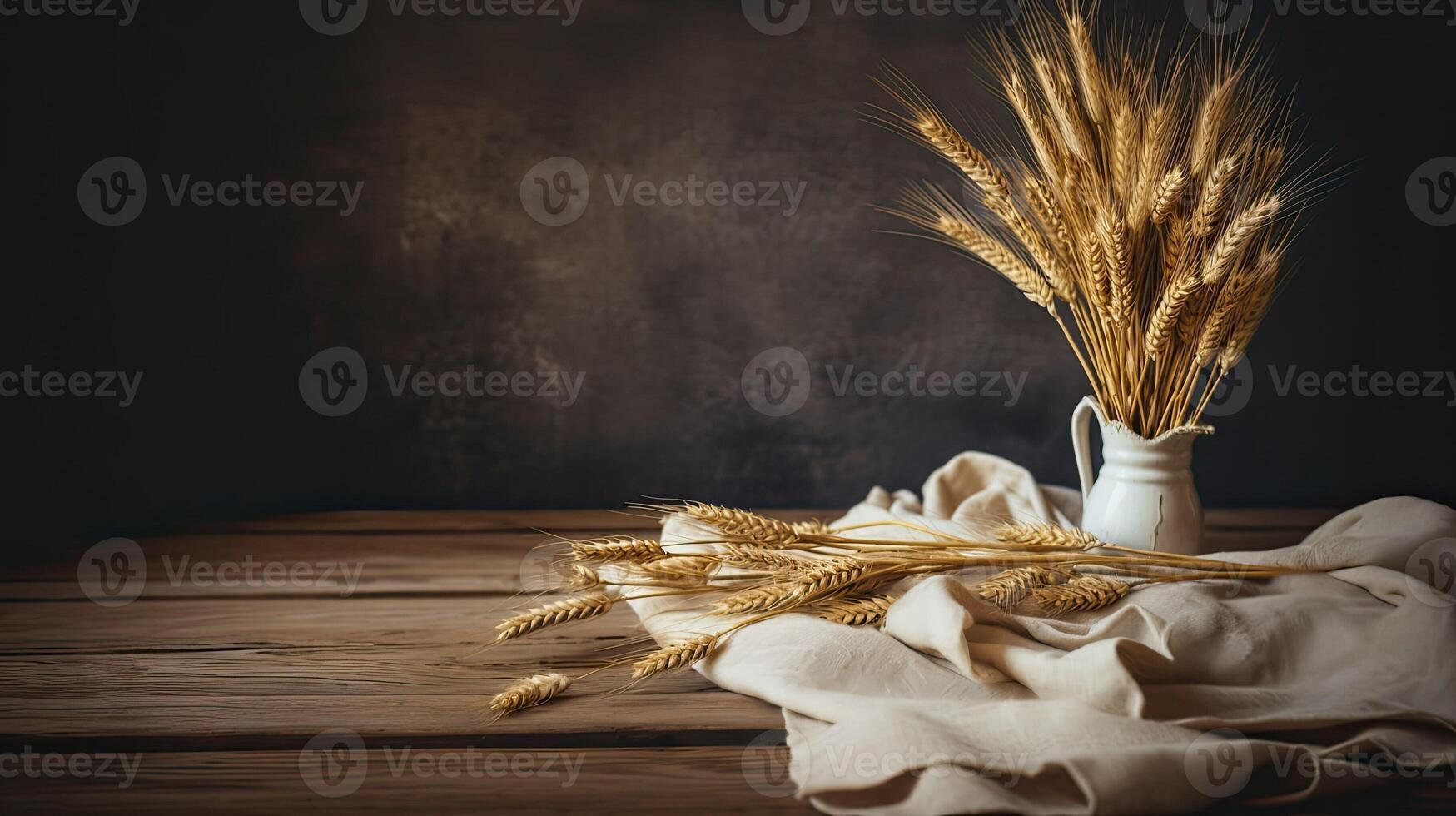Table made of wooden planks with ears of wheat. Copy space for presentation of rustic business product. Background template. Natural rustic concept. photo
