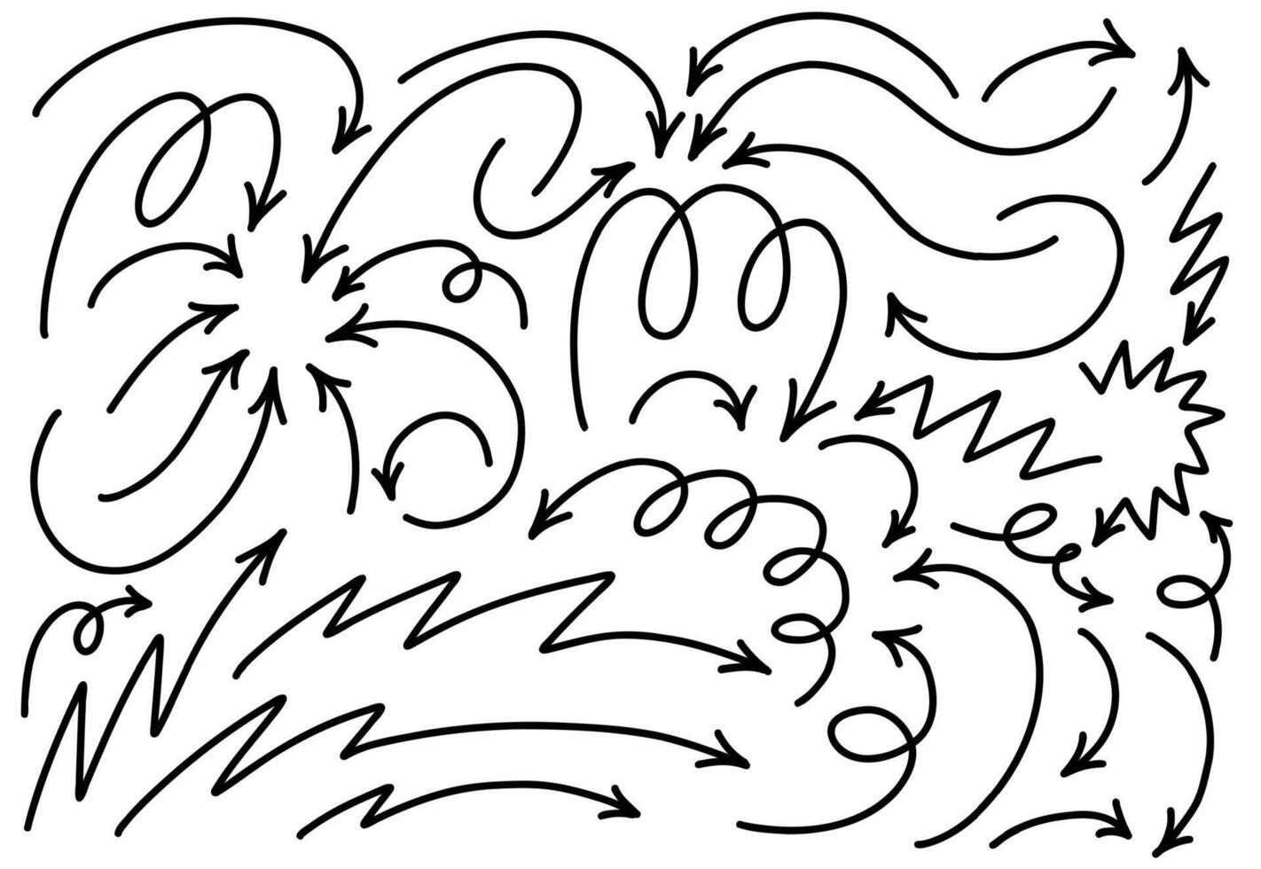 Hand drawn thin line dynamic arrows set. black design elements isolated on white background. vector
