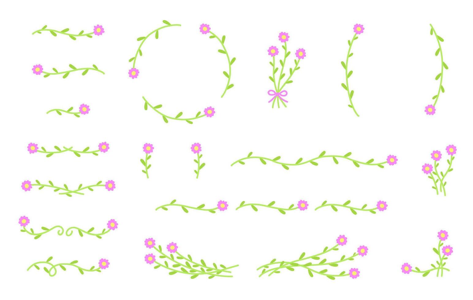 Set of hand drawn flower ornament text dividers and laurels. design elements isolated on white background. vector