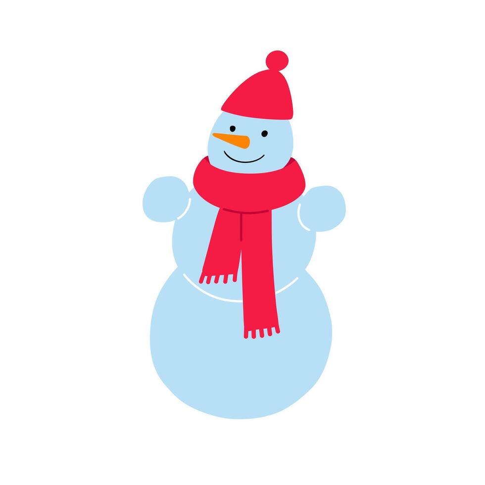 Smiling snowman in red hat and scarf. Flat illustration isolated on white. vector