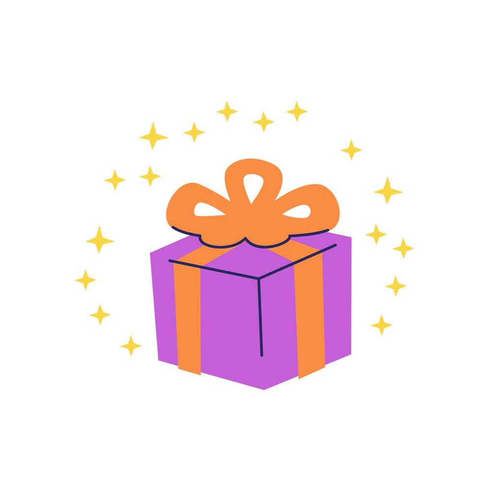 Surprise concept. Gift box with bow surrounded by sparkles. flat illustration isolated on white. vector