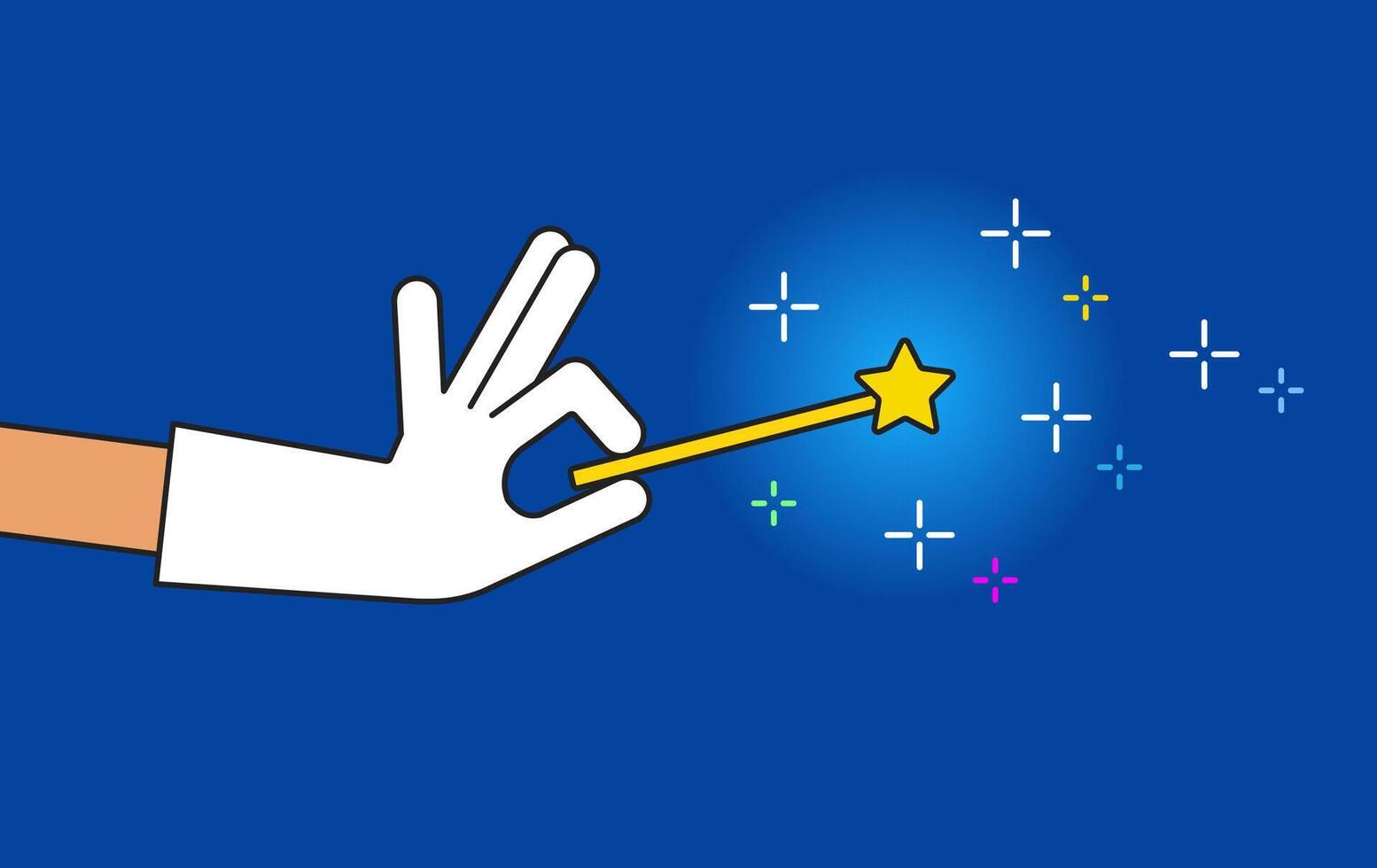 Hand in glove holds magic wand. Color flat illustration. vector