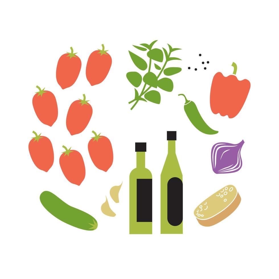 Fresh raw gazpacho ingredients. Round flat illustration isolated on white background. vector