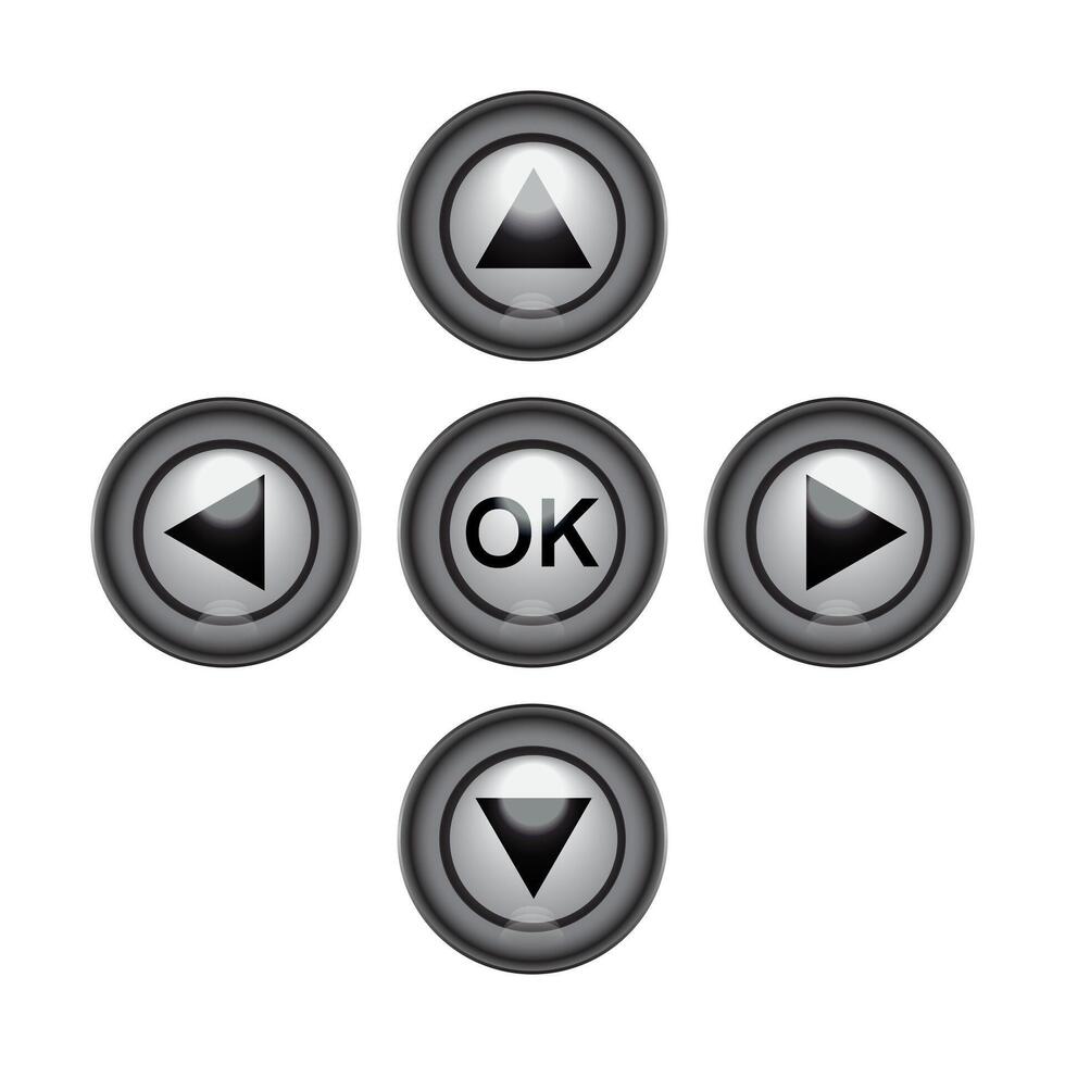 3D direction control and ok button icon set on white background. vector