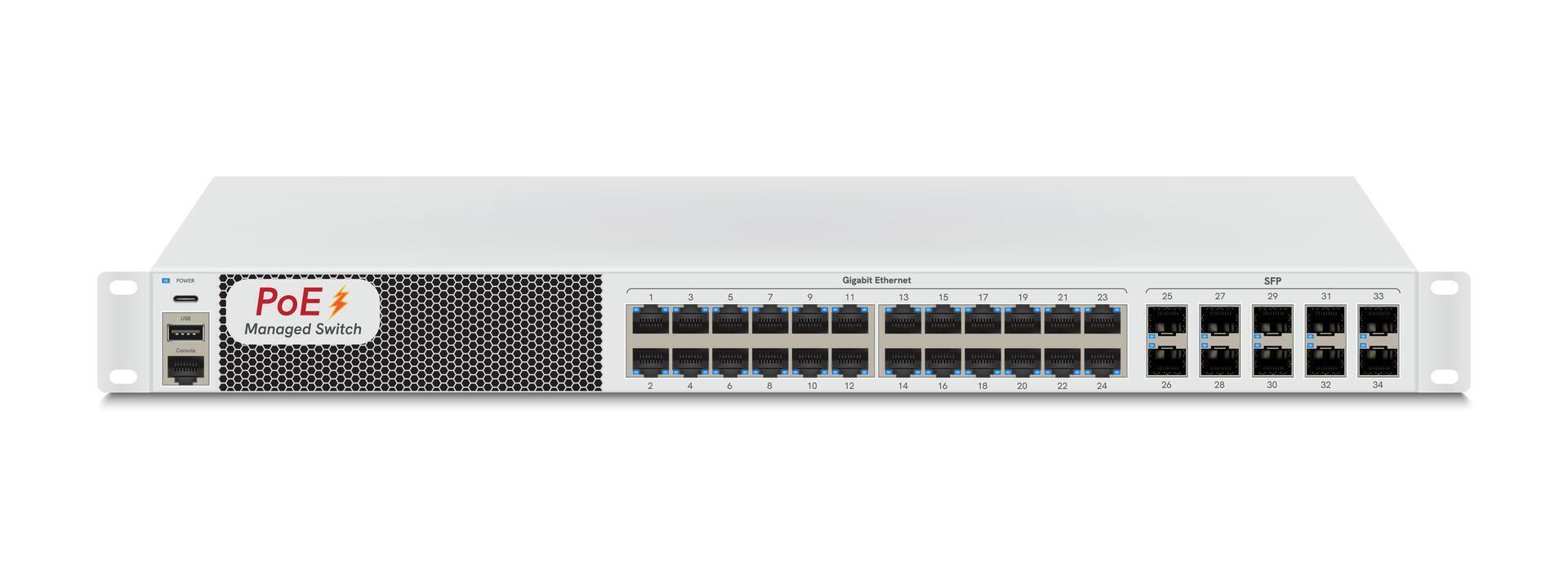 Professional network industrial gigabit switch isolated on white background with SFP ports, poe port, RJ45 Modular plugs for solid Cat5, Cat5e, CAT6 Ethernet Cable connecters. vector