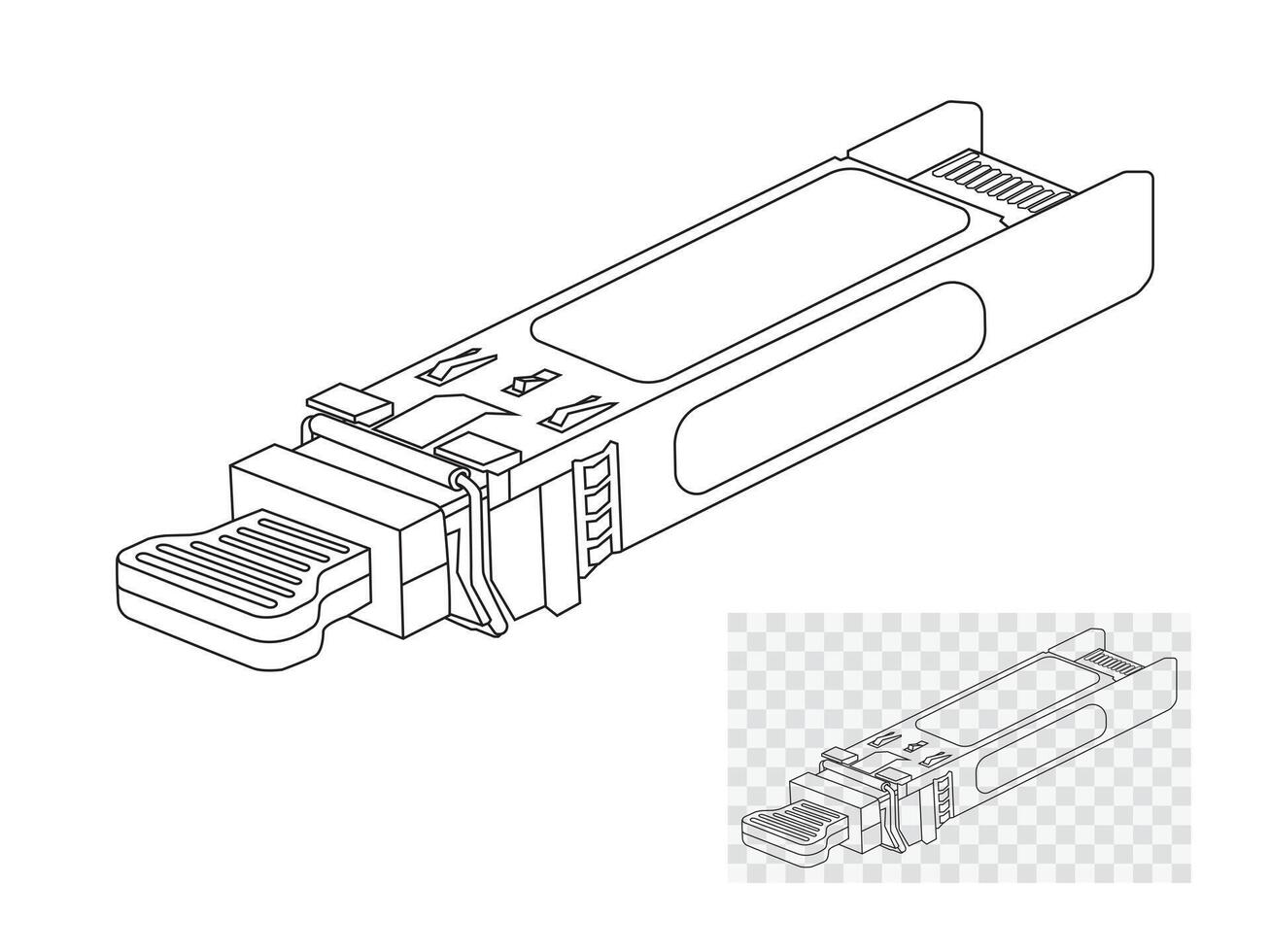 Sfp transceiver used for data transmission and reception in telecommunications. Small form factor pluggable. vector
