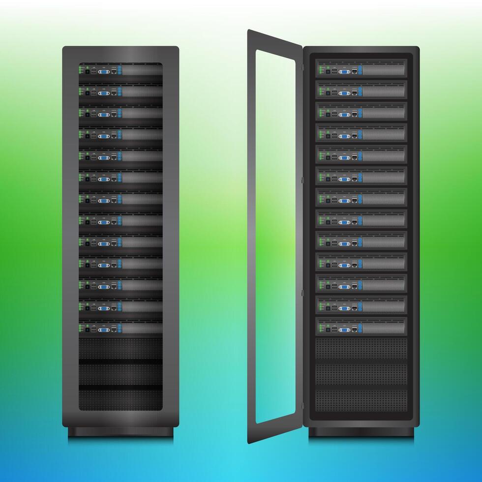 3D server rack stand opened and closed, over color background. vector