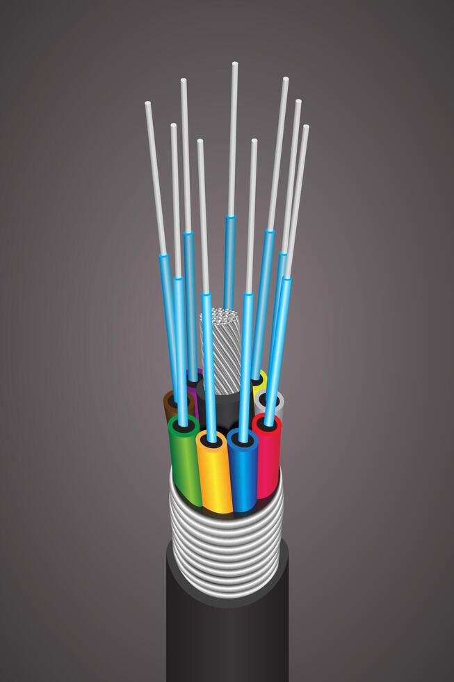 3D fiber optical cables isolated on dark background. vector