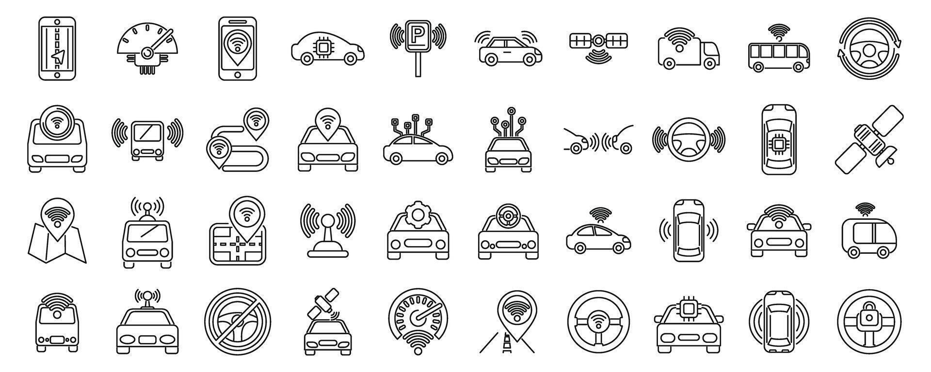 Driverless vehicle icons set outline . Future car vector