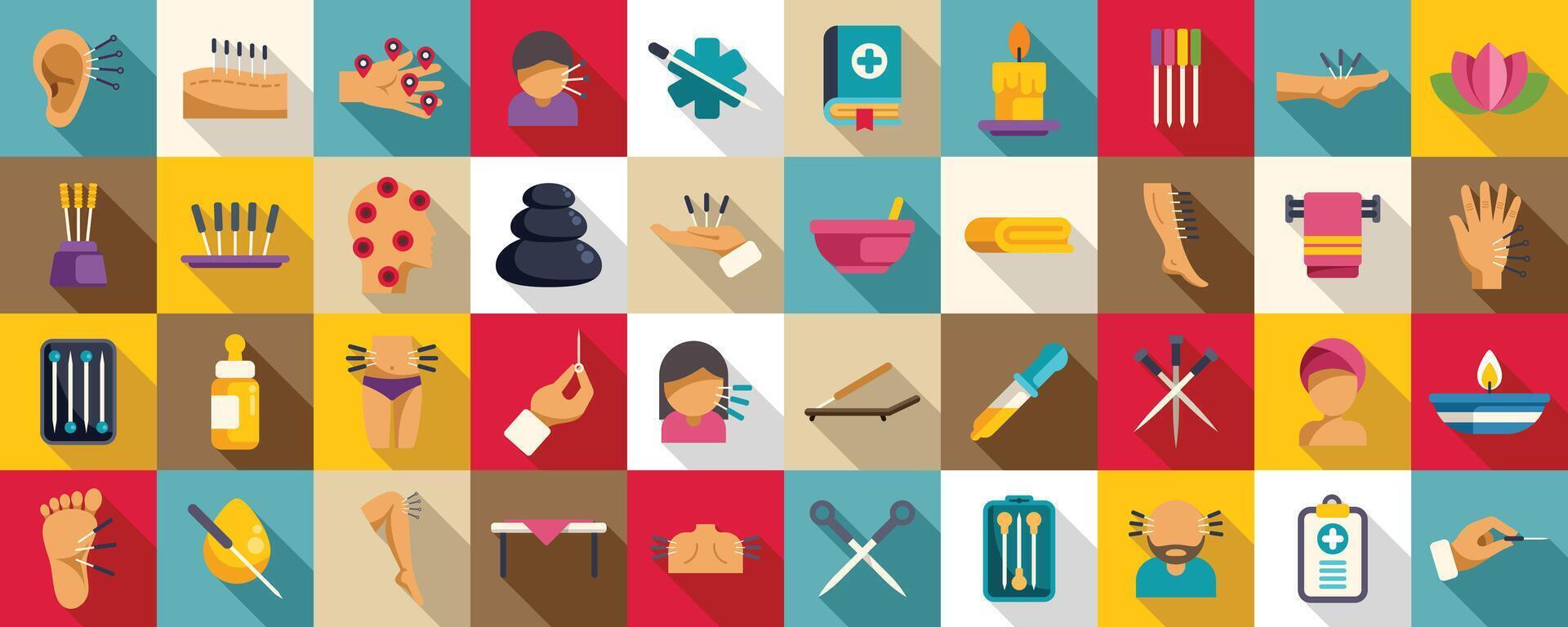 Acupuncture icons set flat . Meridian body vector