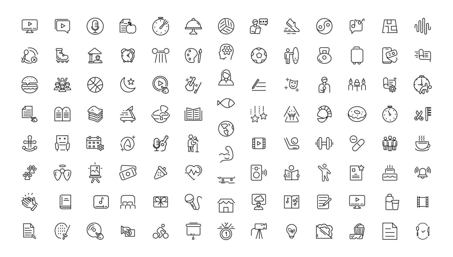Hobby and recreation linear icons collection.Set of thin line web icon set, simple outline icons collection, Pixel Perfect icons, vector