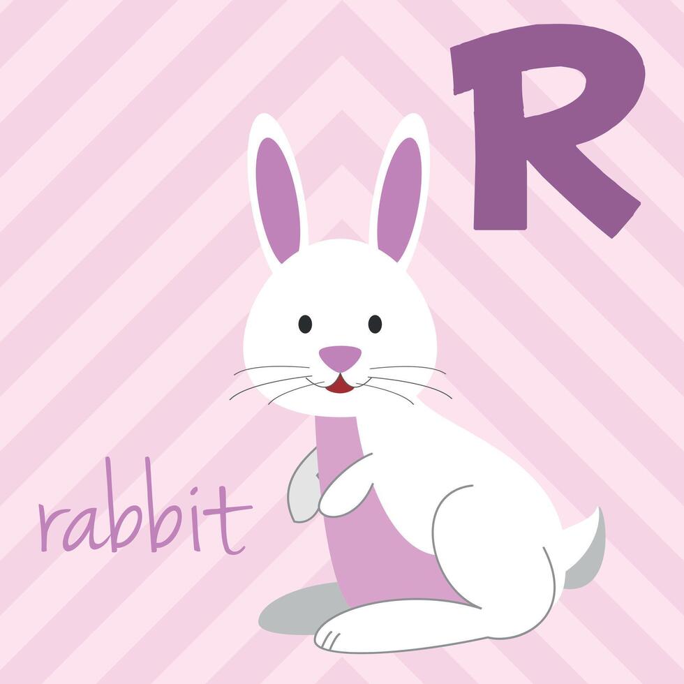 Cute cartoon zoo illustrated alphabet with funny animals. R for Rabbit. English alphabet. Learn to read. Isolated illustration. vector