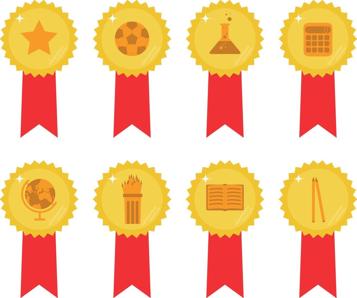 Set of 8 gold medals with red ribbon with educational icons inside for mathematics, literature, sports and more. vector
