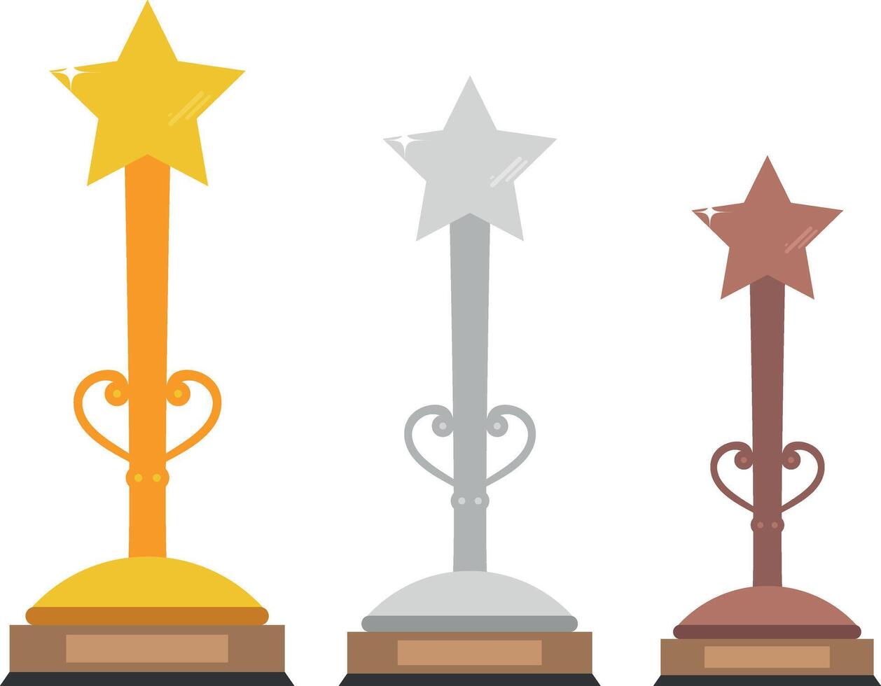 Set of gold, silver and bronze trophies with a star in the top. illustration vector