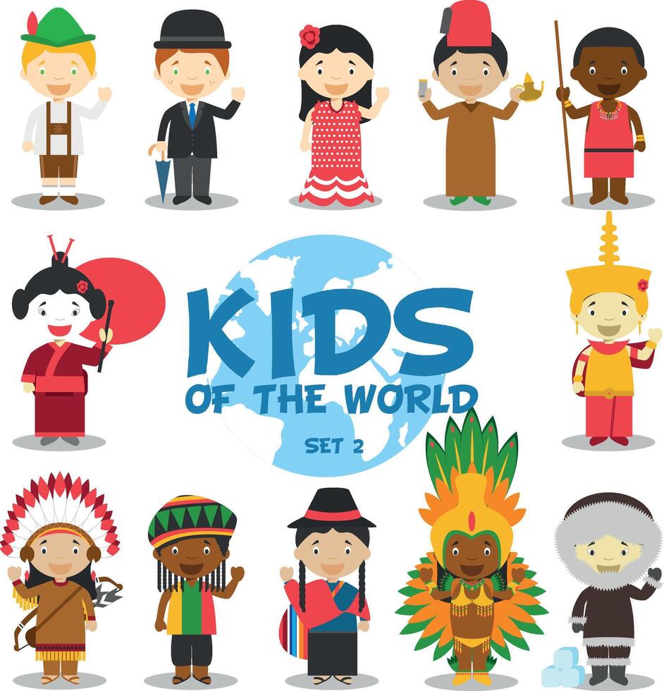 niños de el mundo ilustración. conjunto de 12 caracteres vestido en diferente nacional disfraces Alemania, Reino Unido, España, Marruecos, Kenia, Japón, Camboya, EE.UU, Jamaica, Ecuador, Brasil y Groenlandia. vector