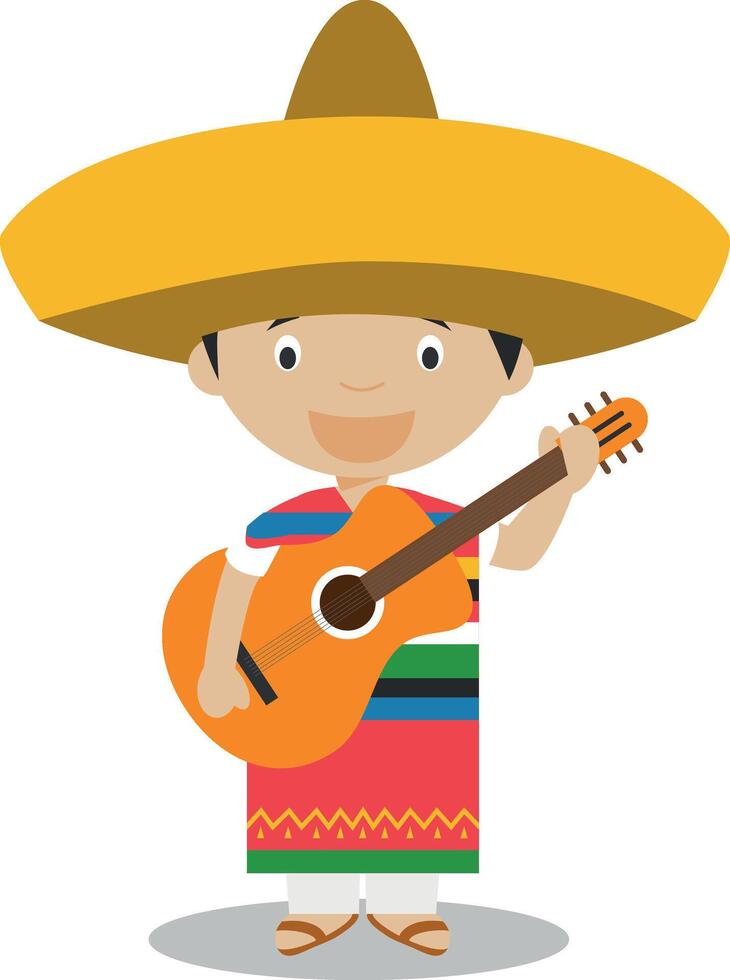 Character from Mexico dressed in the traditional way with guitar. Illustration. Kids of the World Collection. vector