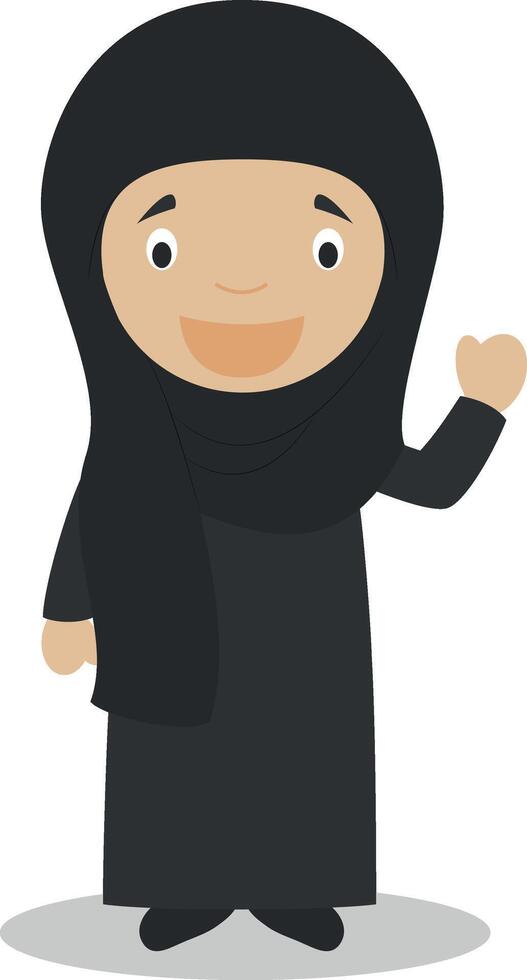 Woman character from Iran dressed in the traditional way with chador. Illustration. Kids of the World Collection. vector
