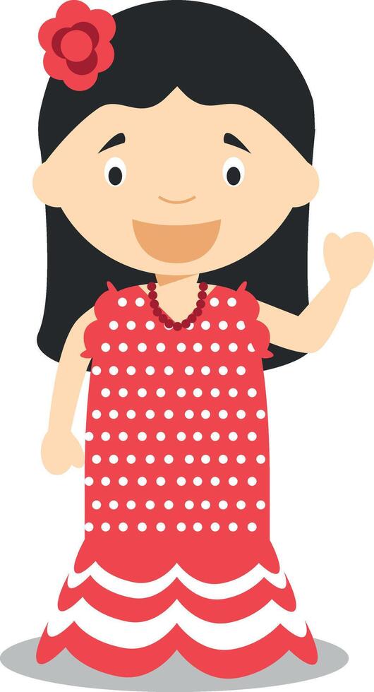 Character from Spain dressed in the traditional way as a flamenco dancer. Illustration. Kids of the World Collection. vector