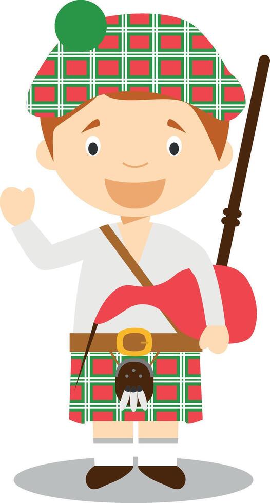 Character from Scotland dressed in the traditional way with kilt and bagpipes. Illustration. Kids of the World Collection. vector