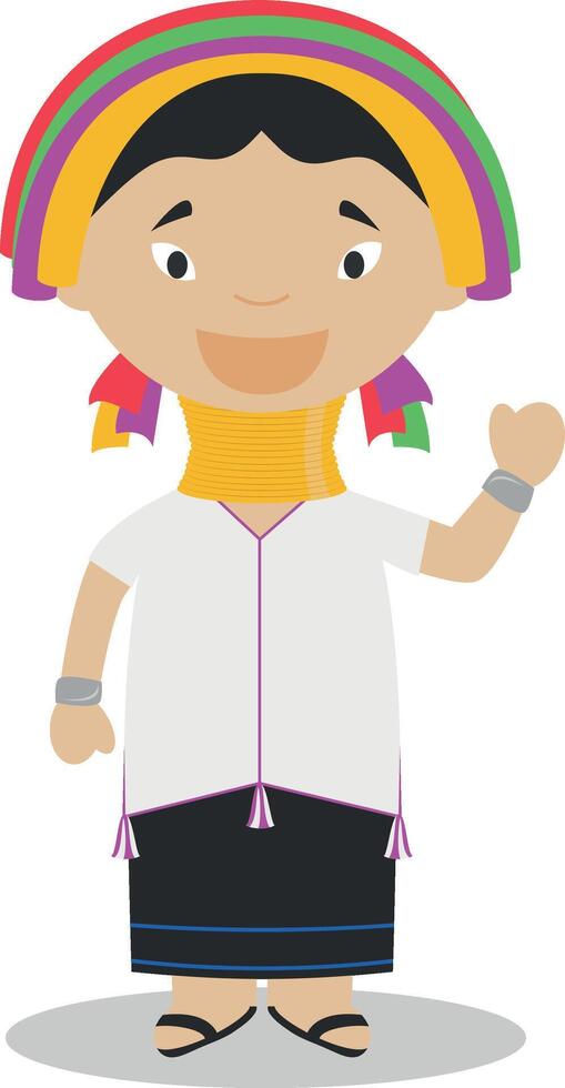 Padaung girl character from Myanmar Kayan Tribe dressed in the traditional way Illustration. Kids of the World Collection. vector