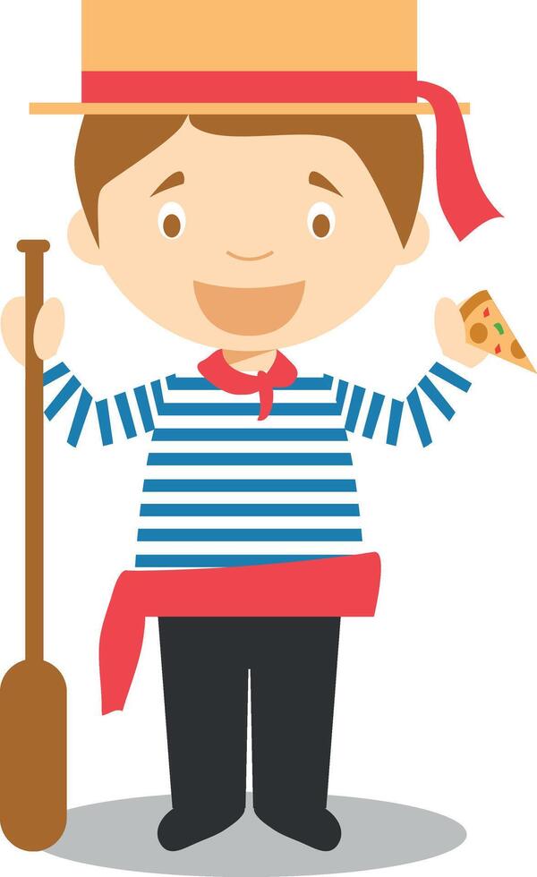 Character from Italy dressed in the traditional way as a Venice gondolier eating pizza. Illustration. Kids of the World Collection. vector