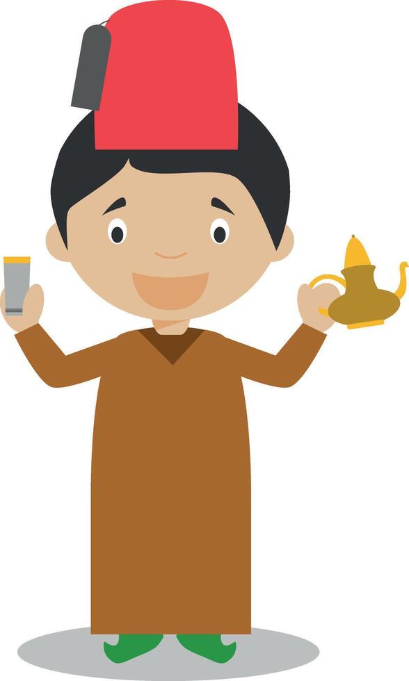 Character from Morocco dressed in the traditional way with a tea set. Illustration. Kids of the World Collection. vector