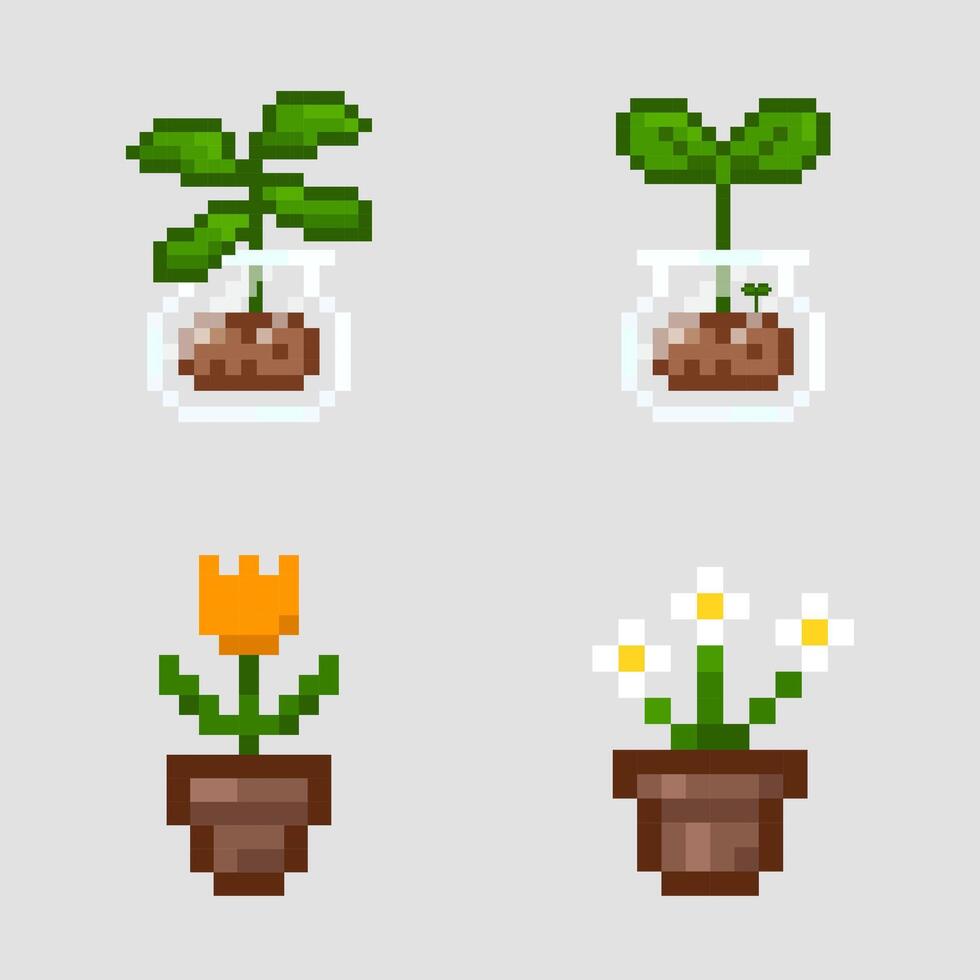Pixel art flower in a pot, pixel plant in transparent jar vector