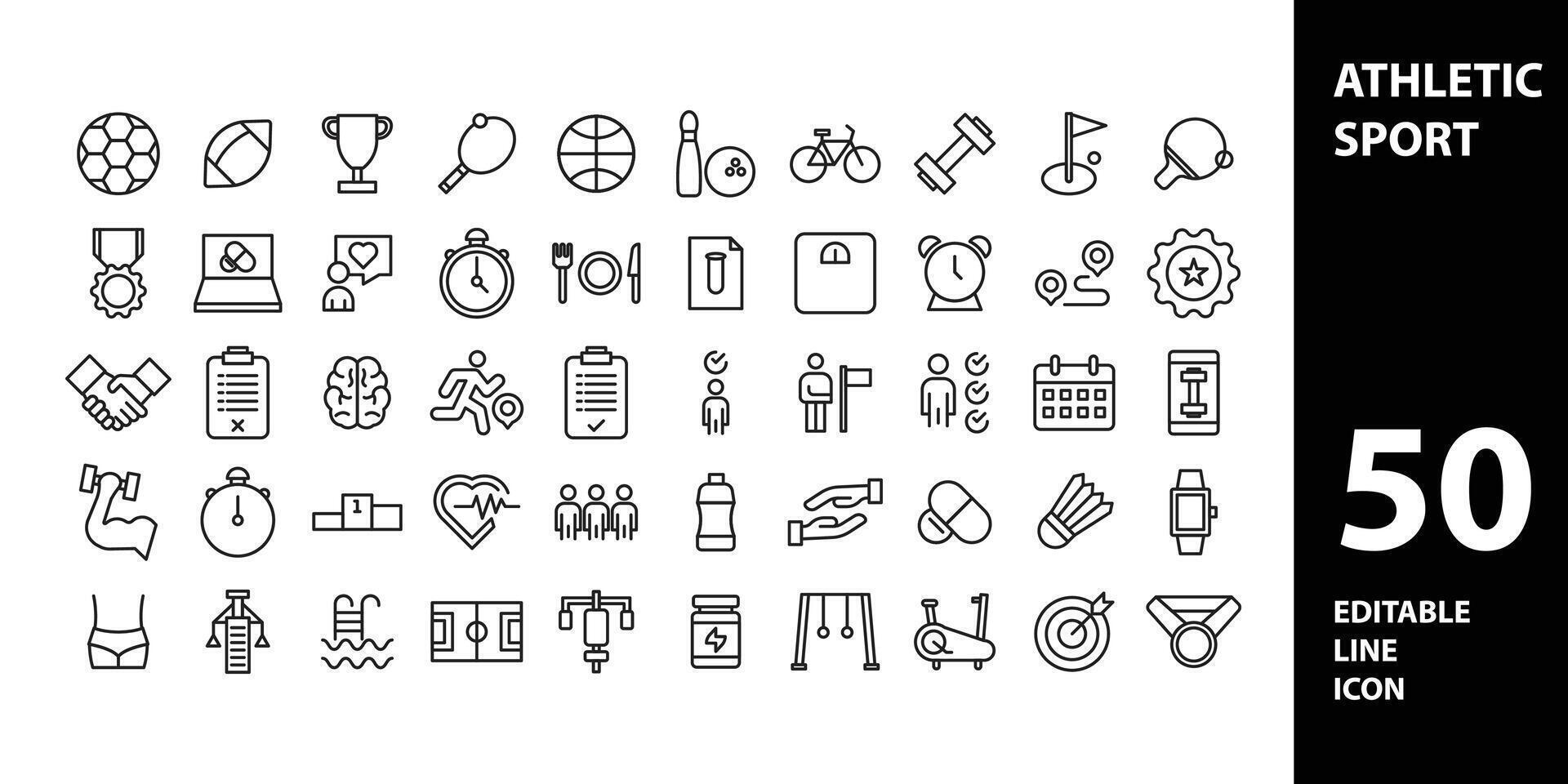 Fitness and Workout Line Icons. Editable Stroke. Pixel Perfect. For Mobile and Web. Contains such icons as Bodybuilding, Heartbeat, Swimming, Cycling, Running, Diet. vector