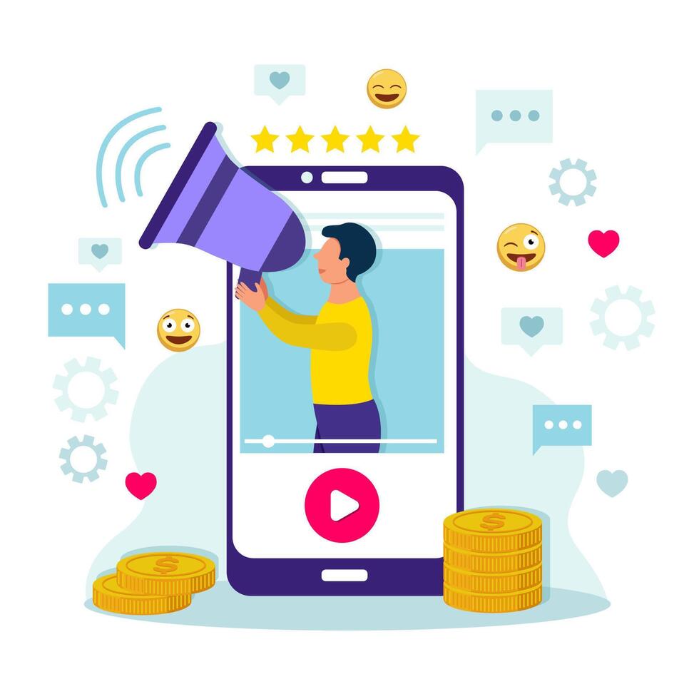 Blog monetization concept. Influencer blogger on smartphone screen with a megaphone in hands with likes and smiling emoticons. vector