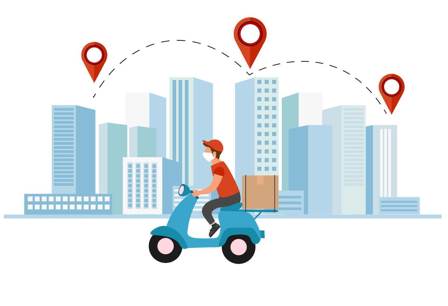 Safe delivery during the coronavirus pandemic. Courier in mask on motorcycle vector