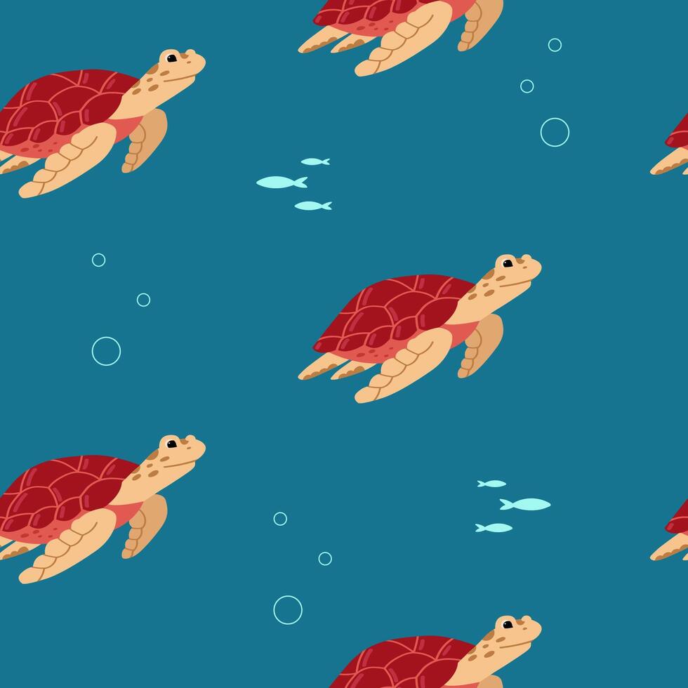 Sea turtle background. Inhabitants of the sea world. Cute underwater flat seamless pattern. Funny underwater creatures. vector