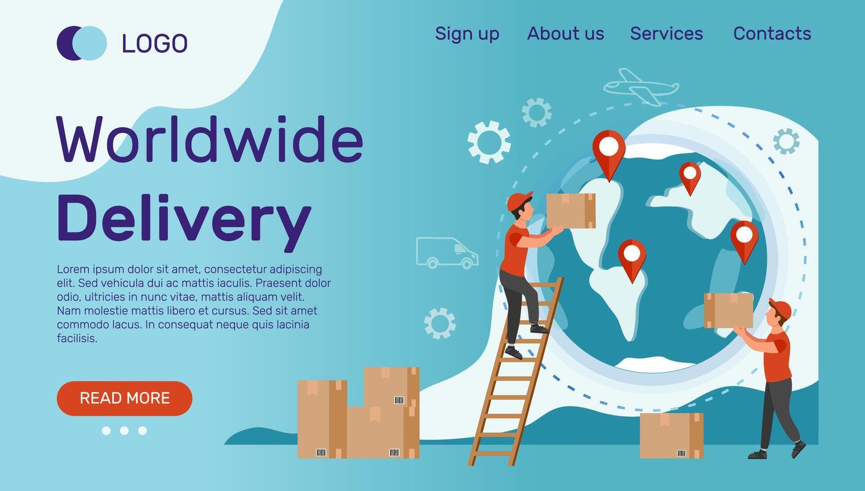 Worldwide Delivery banner template of landing page. Couriers deliver parcels around the globe. Modern flat design. vector