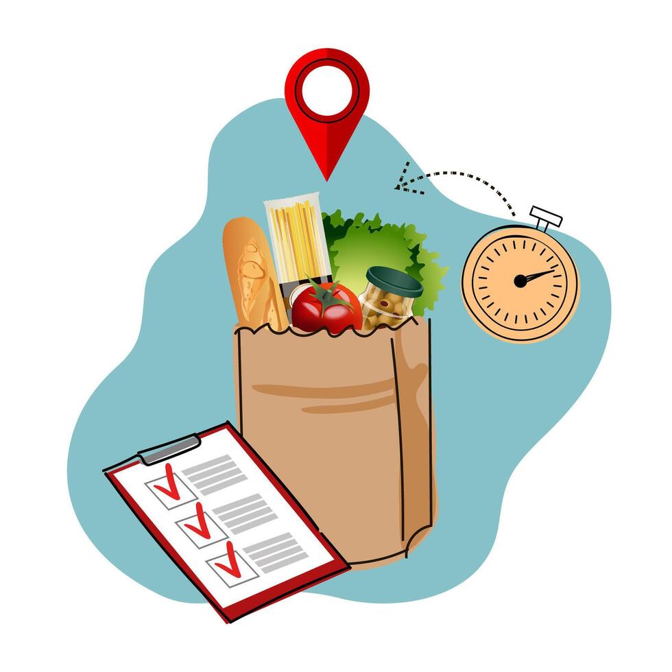 Delivery service. Bag of food. Shopping list. vector