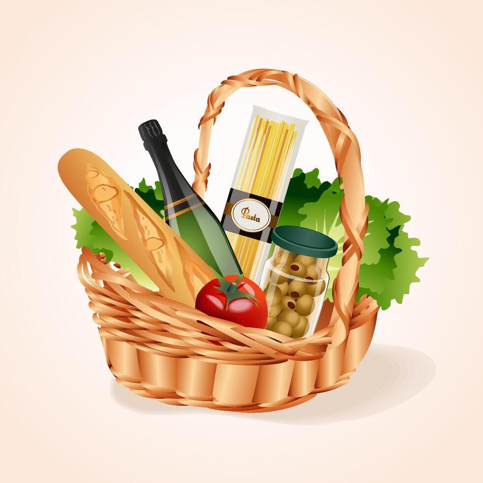 Picnic Basket. Basket with champagne, pasta, olives, tomatoes and lettuce leaves. vector