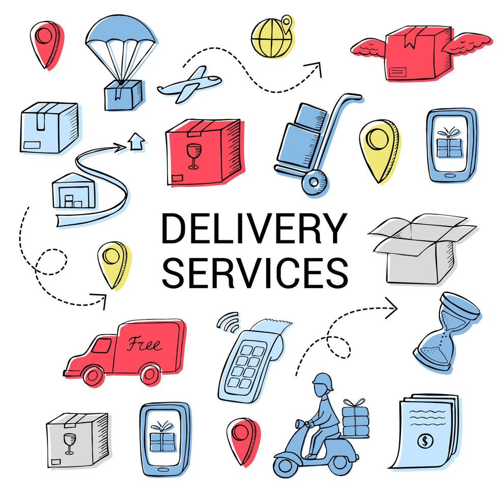 Delivery services set. Colorful doodle icons on white background - courier, box, delivery van, contract, warehouse, location. vector