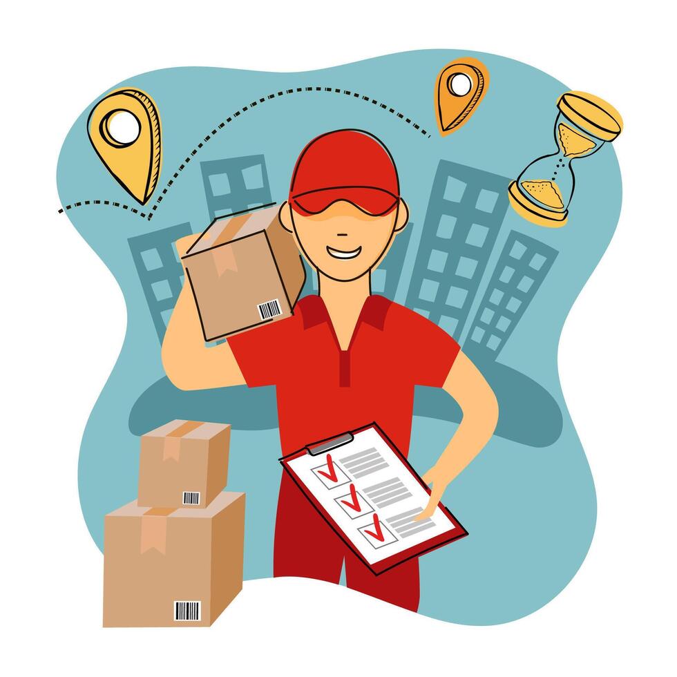 Courier of the delivery service with the parcel. vector