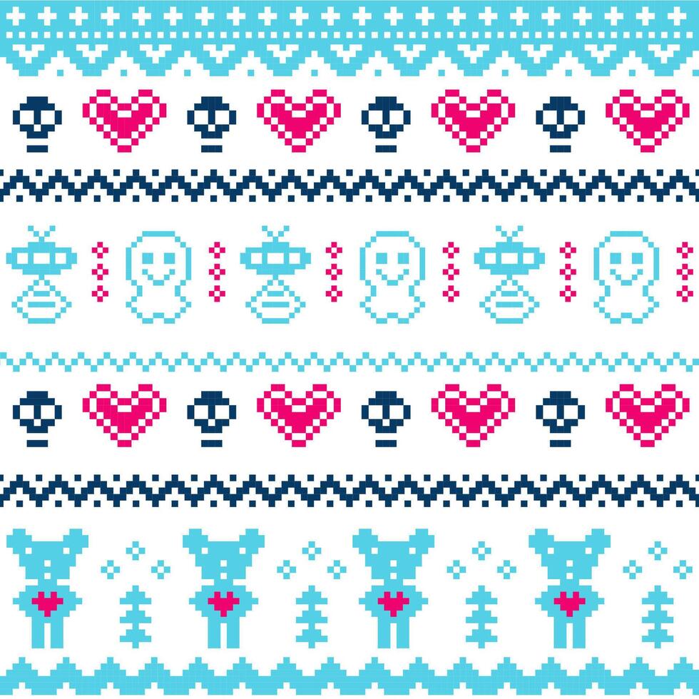 Christmas winter knitted funny seamless pattern with cartoon characters. vector