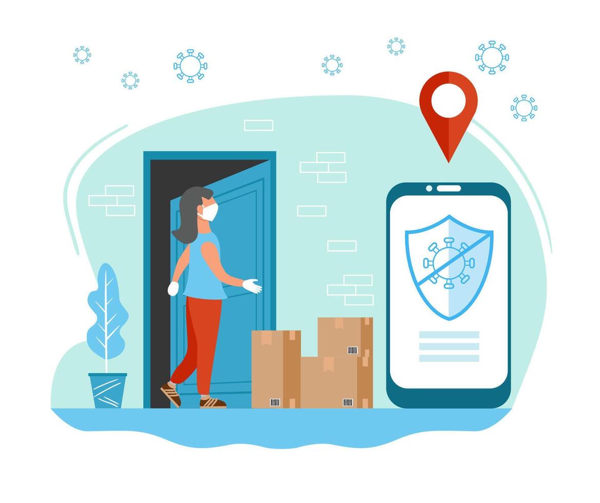 Contactless delivery concept illustration. Woman ordered contactless delivery via application. vector