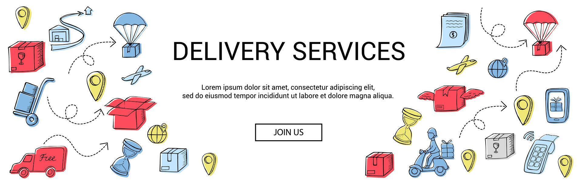 Delivery services banner. Colorful icons on a white background - courier, box, delivery van, contract, warehouse, location. vector