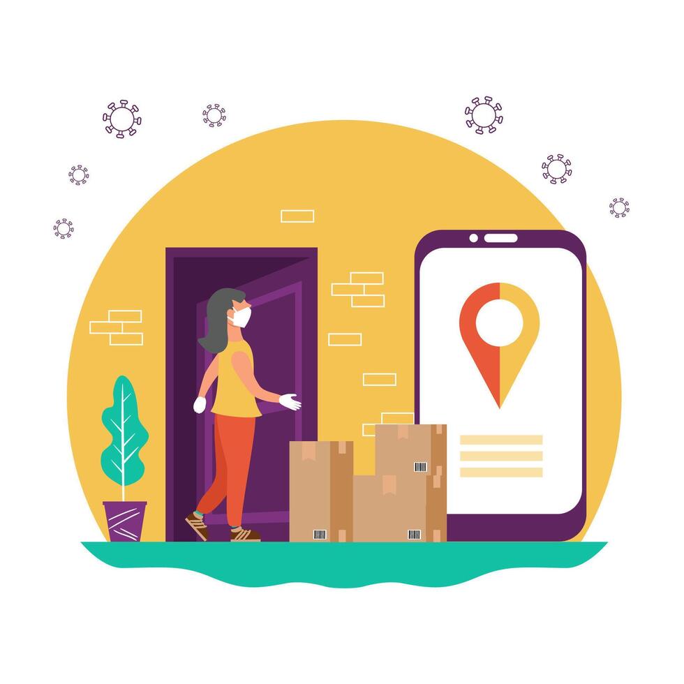 Contactless delivery to the door. Safe delivery during the coronavirus pandemic. Woman wearing a mask and gloves. The icon on yellow background. vector