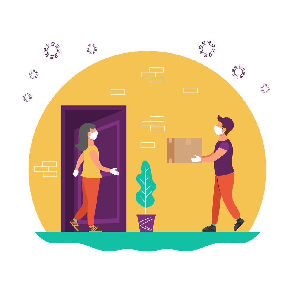 food delivery during the coronavirus pandemic. Contactless delivery. Courier wearing a mask and gloves. The icon on yellow background. vector