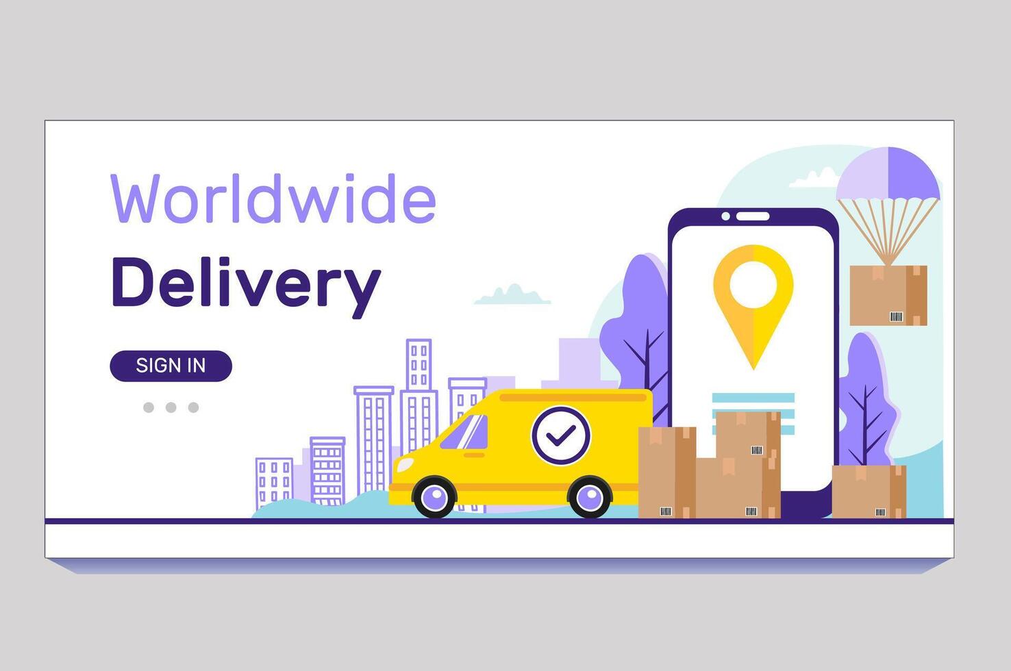 Worldwide Delivery banner template. Modern flat design. Smartphone, delivery van, parcels on the background of the city. The template of the landing page. vector