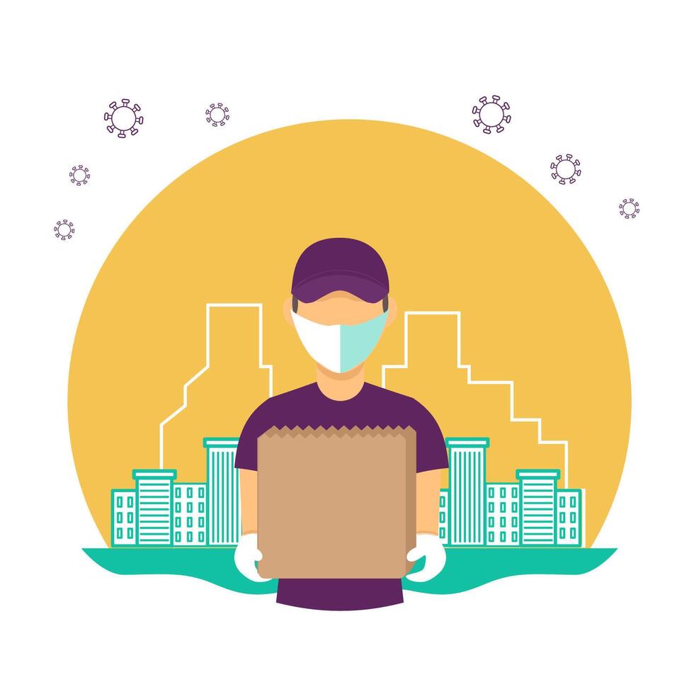 Courier wearing a mask and gloves. A food delivery during the coronavirus pandemic. Contactless delivery. The icon on yellow background. vector