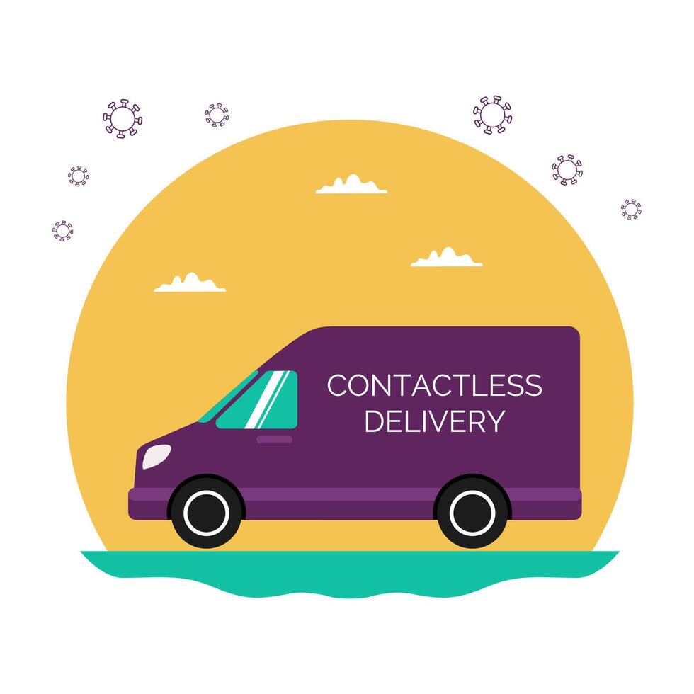 food delivery van during the coronavirus pandemic. Contactless delivery. The icon is a purple van on a yellow background. vector