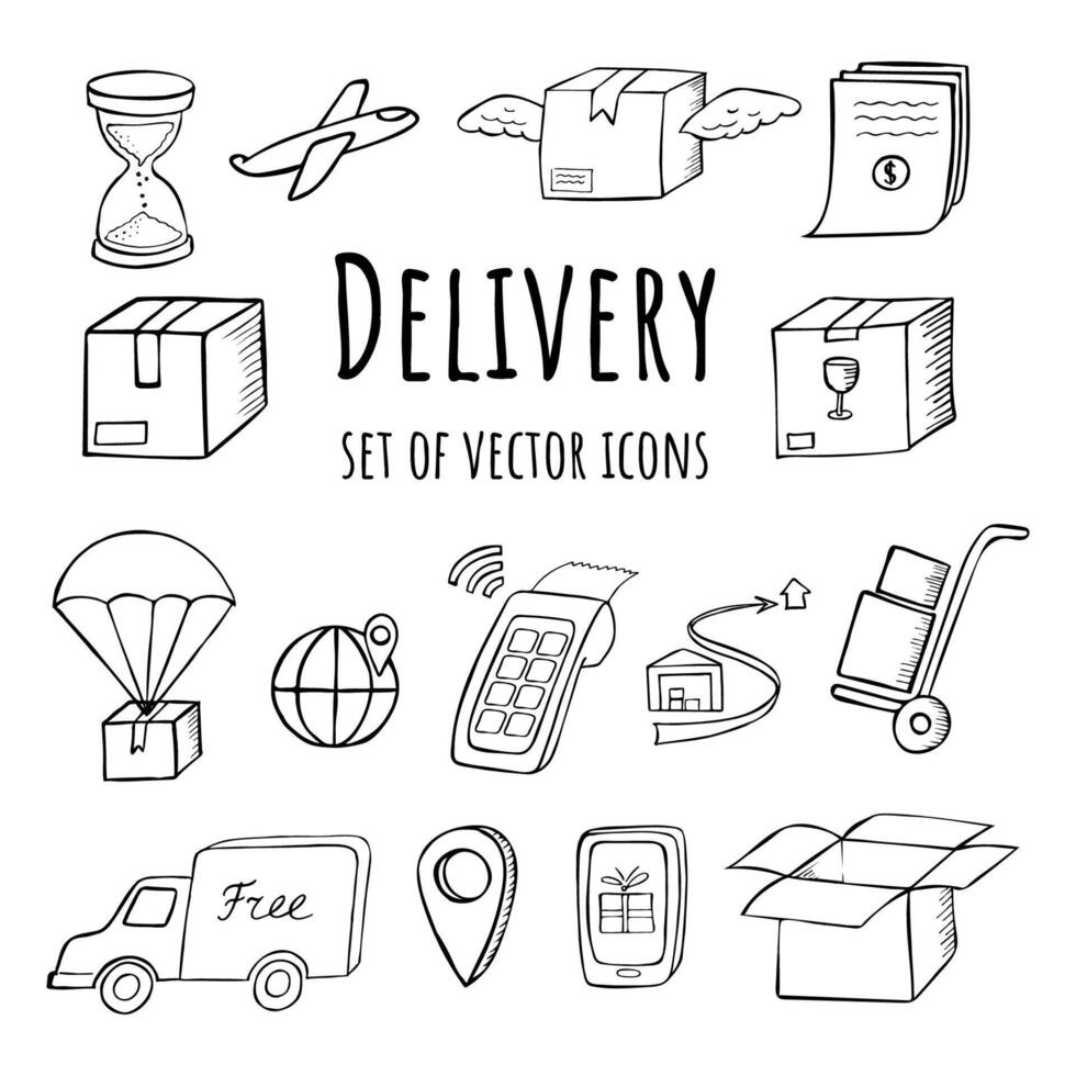 Set of hand-drawn delivery icons. Contains such Icons as box, transportation, time, online checkout, map, package and other icons. vector