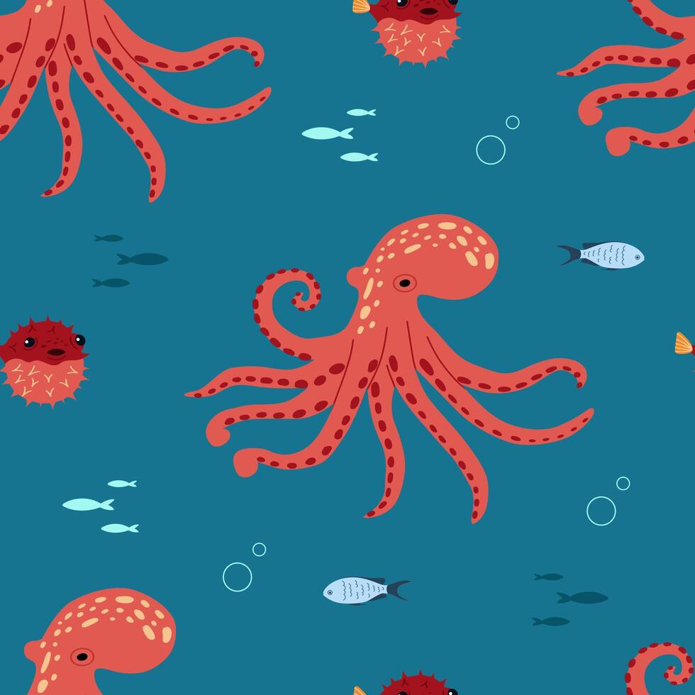 Octopus background. Inhabitants of the sea world. Cute underwater flat seamless pattern. Funny underwater creatures. vector